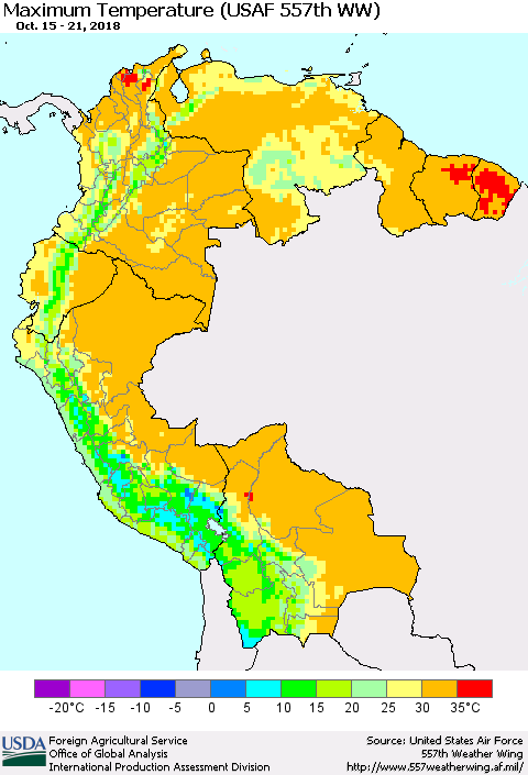 Northern South America Mean Maximum Temperature (USAF 557th WW) Thematic Map For 10/15/2018 - 10/21/2018