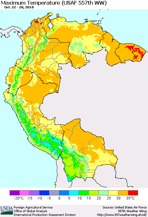 Northern South America Mean Maximum Temperature (USAF 557th WW) Thematic Map For 10/22/2018 - 10/28/2018