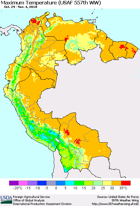 Northern South America Mean Maximum Temperature (USAF 557th WW) Thematic Map For 10/29/2018 - 11/4/2018