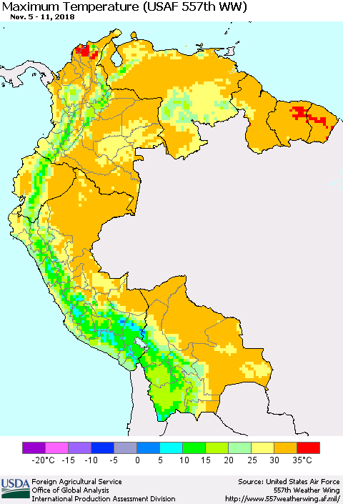 Northern South America Maximum Temperature (USAF 557th WW) Thematic Map For 11/5/2018 - 11/11/2018