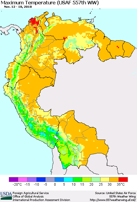 Northern South America Maximum Temperature (USAF 557th WW) Thematic Map For 11/12/2018 - 11/18/2018