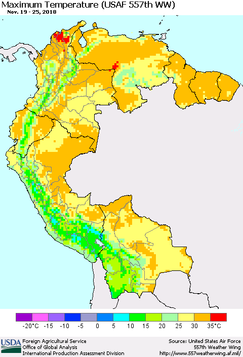 Northern South America Maximum Temperature (USAF 557th WW) Thematic Map For 11/19/2018 - 11/25/2018