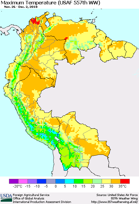 Northern South America Maximum Temperature (USAF 557th WW) Thematic Map For 11/26/2018 - 12/2/2018