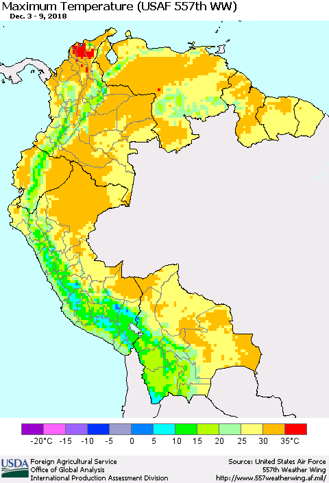 Northern South America Maximum Temperature (USAF 557th WW) Thematic Map For 12/3/2018 - 12/9/2018