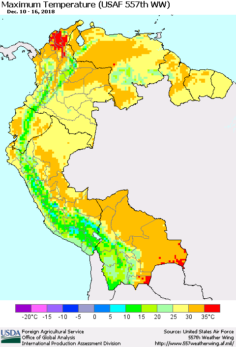 Northern South America Maximum Temperature (USAF 557th WW) Thematic Map For 12/10/2018 - 12/16/2018