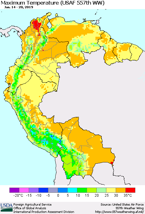 Northern South America Maximum Temperature (USAF 557th WW) Thematic Map For 1/14/2019 - 1/20/2019
