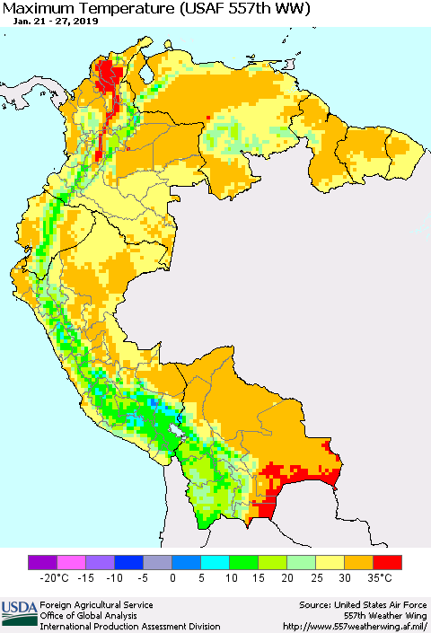 Northern South America Maximum Temperature (USAF 557th WW) Thematic Map For 1/21/2019 - 1/27/2019