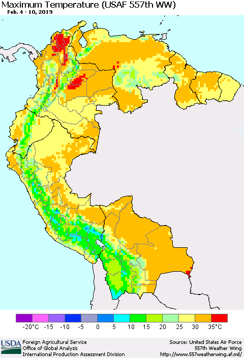 Northern South America Maximum Temperature (USAF 557th WW) Thematic Map For 2/4/2019 - 2/10/2019