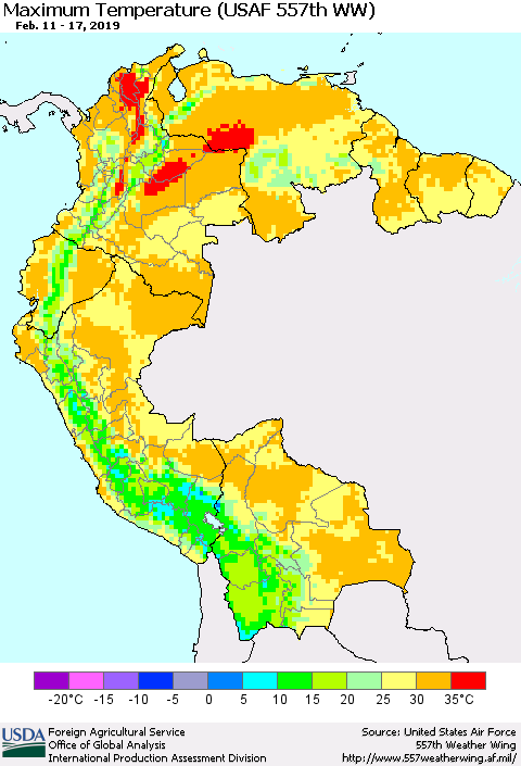 Northern South America Maximum Temperature (USAF 557th WW) Thematic Map For 2/11/2019 - 2/17/2019