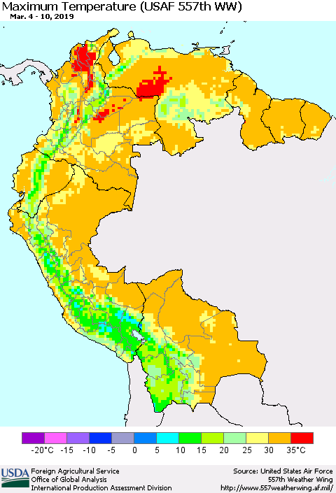 Northern South America Maximum Temperature (USAF 557th WW) Thematic Map For 3/4/2019 - 3/10/2019