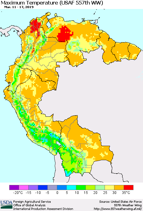 Northern South America Maximum Temperature (USAF 557th WW) Thematic Map For 3/11/2019 - 3/17/2019