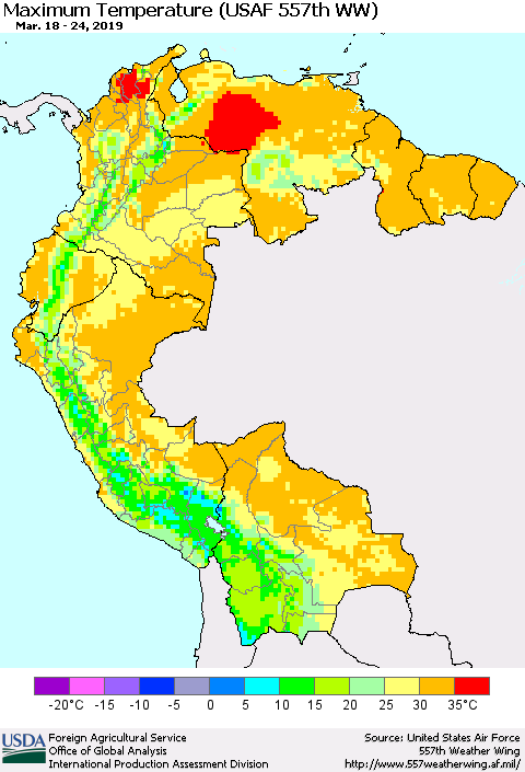 Northern South America Maximum Temperature (USAF 557th WW) Thematic Map For 3/18/2019 - 3/24/2019