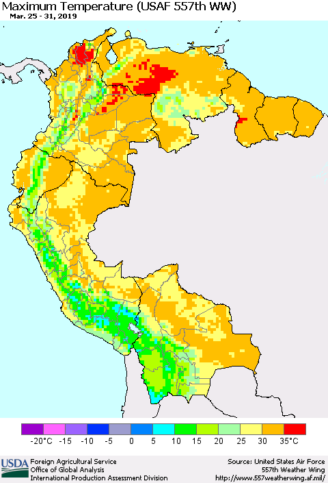 Northern South America Maximum Temperature (USAF 557th WW) Thematic Map For 3/25/2019 - 3/31/2019