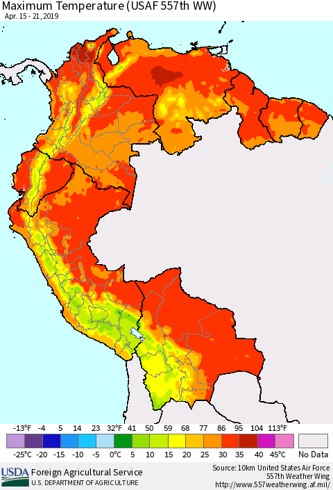 Northern South America Maximum Temperature (USAF 557th WW) Thematic Map For 4/15/2019 - 4/21/2019