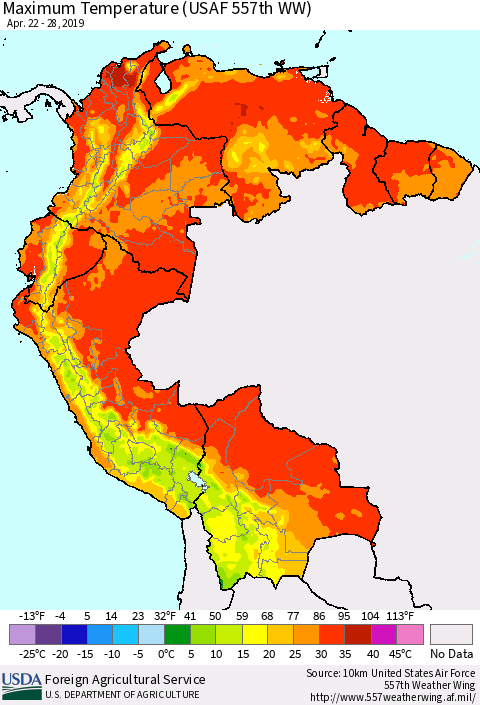 Northern South America Maximum Temperature (USAF 557th WW) Thematic Map For 4/22/2019 - 4/28/2019