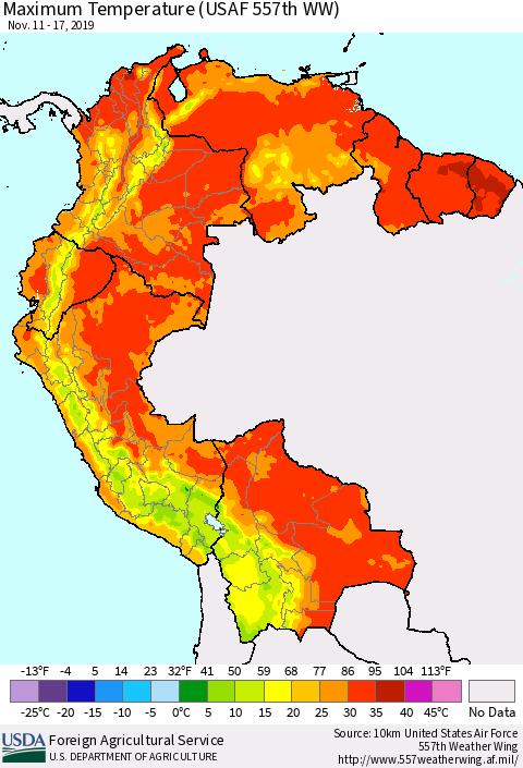 Northern South America Maximum Temperature (USAF 557th WW) Thematic Map For 11/11/2019 - 11/17/2019