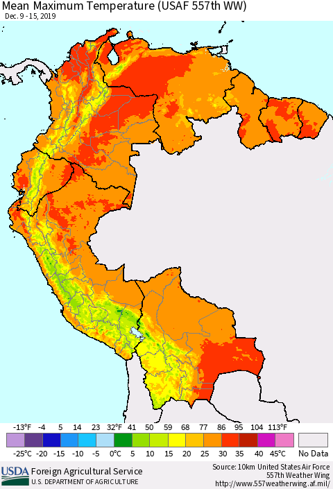 Northern South America Maximum Temperature (USAF 557th WW) Thematic Map For 12/9/2019 - 12/15/2019