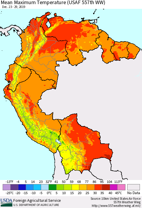 Northern South America Maximum Temperature (USAF 557th WW) Thematic Map For 12/23/2019 - 12/29/2019