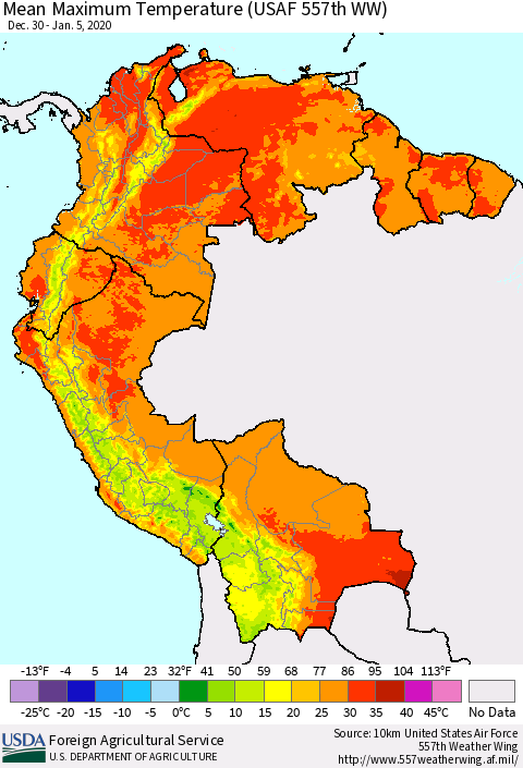 Northern South America Maximum Temperature (USAF 557th WW) Thematic Map For 12/30/2019 - 1/5/2020