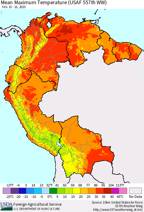 Northern South America Maximum Temperature (USAF 557th WW) Thematic Map For 2/10/2020 - 2/16/2020