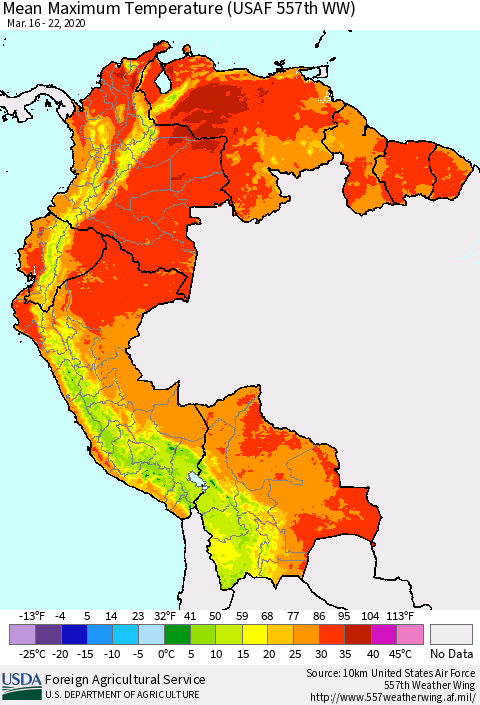 Northern South America Maximum Temperature (USAF 557th WW) Thematic Map For 3/16/2020 - 3/22/2020