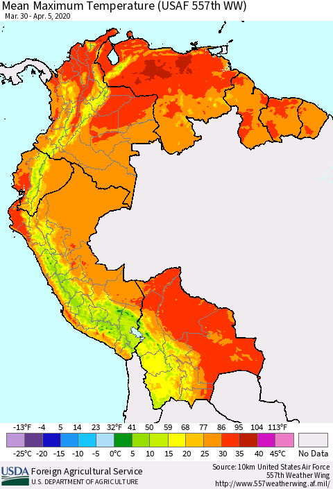 Northern South America Maximum Temperature (USAF 557th WW) Thematic Map For 3/30/2020 - 4/5/2020