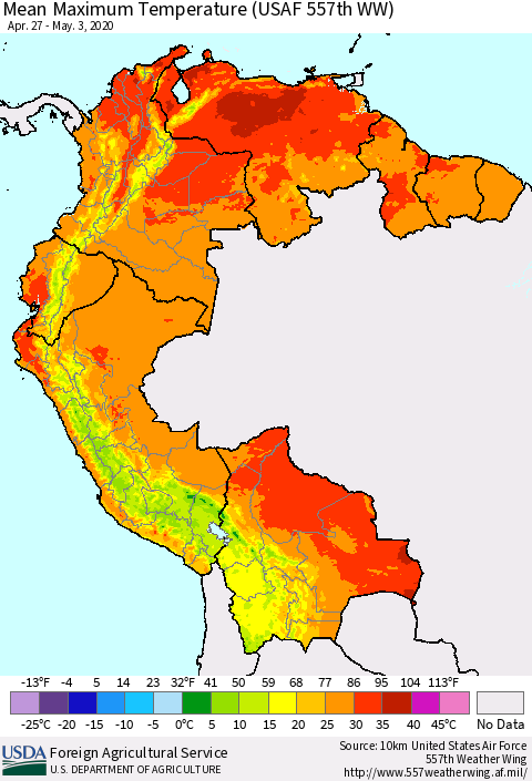 Northern South America Maximum Temperature (USAF 557th WW) Thematic Map For 4/27/2020 - 5/3/2020