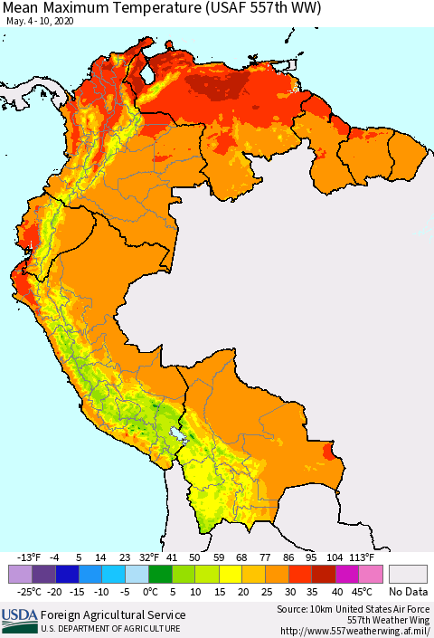 Northern South America Maximum Temperature (USAF 557th WW) Thematic Map For 5/4/2020 - 5/10/2020