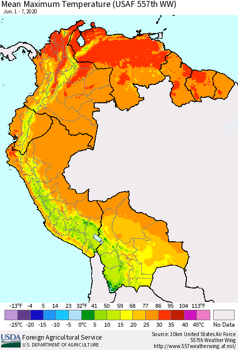 Northern South America Maximum Temperature (USAF 557th WW) Thematic Map For 6/1/2020 - 6/7/2020