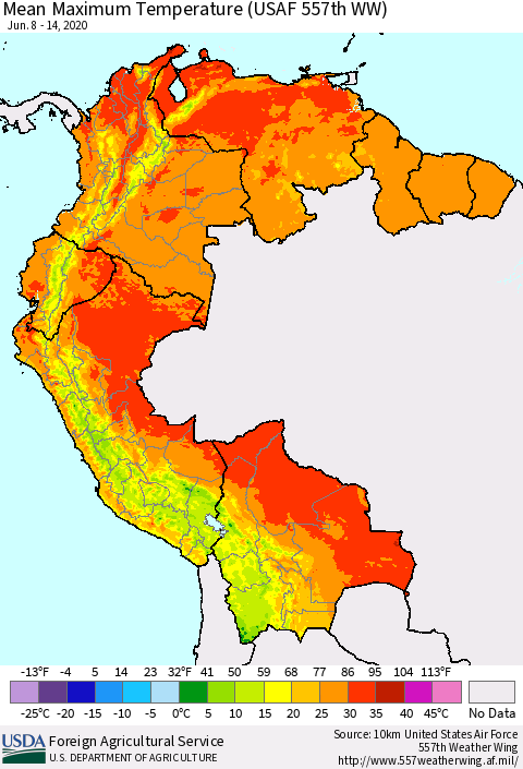 Northern South America Mean Maximum Temperature (USAF 557th WW) Thematic Map For 6/8/2020 - 6/14/2020