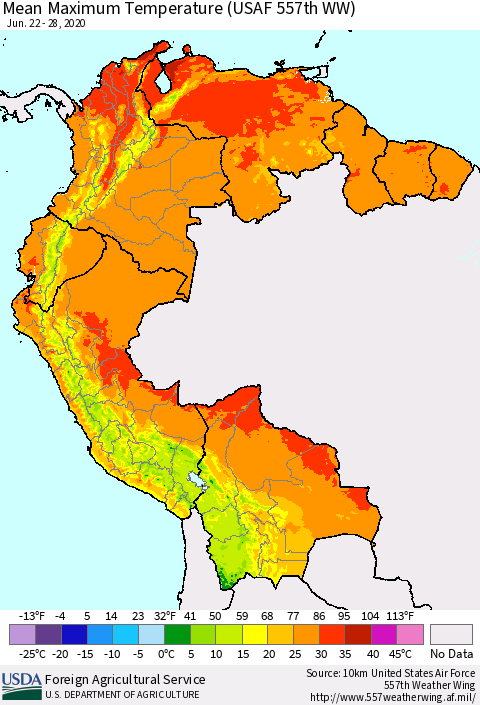 Northern South America Maximum Temperature (USAF 557th WW) Thematic Map For 6/22/2020 - 6/28/2020