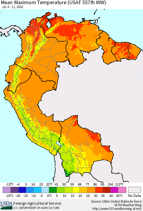 Northern South America Mean Maximum Temperature (USAF 557th WW) Thematic Map For 7/6/2020 - 7/12/2020