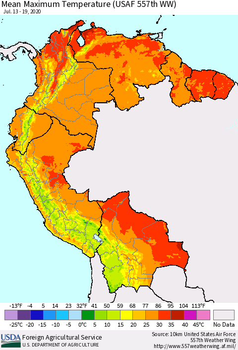 Northern South America Mean Maximum Temperature (USAF 557th WW) Thematic Map For 7/13/2020 - 7/19/2020