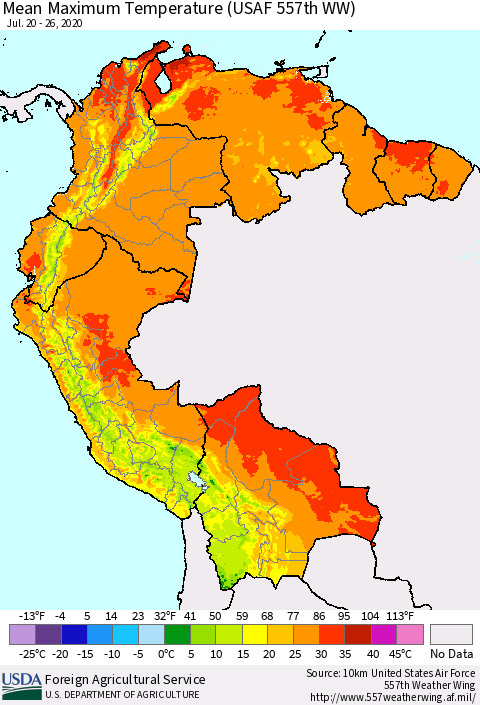 Northern South America Maximum Temperature (USAF 557th WW) Thematic Map For 7/20/2020 - 7/26/2020