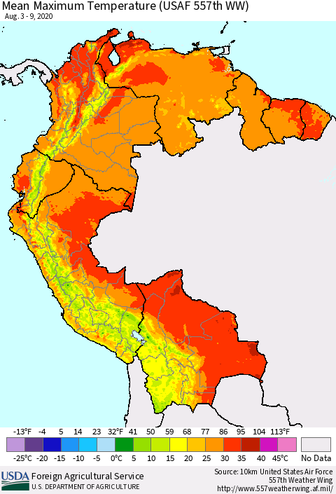 Northern South America Maximum Temperature (USAF 557th WW) Thematic Map For 8/3/2020 - 8/9/2020