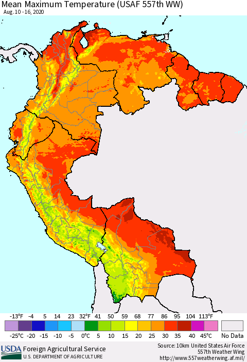 Northern South America Mean Maximum Temperature (USAF 557th WW) Thematic Map For 8/10/2020 - 8/16/2020