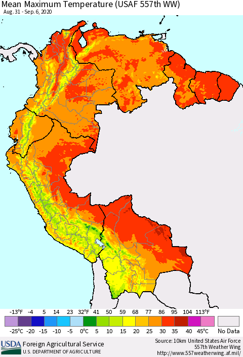 Northern South America Maximum Temperature (USAF 557th WW) Thematic Map For 8/31/2020 - 9/6/2020
