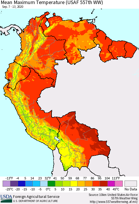 Northern South America Mean Maximum Temperature (USAF 557th WW) Thematic Map For 9/7/2020 - 9/13/2020