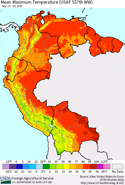 Northern South America Mean Maximum Temperature (USAF 557th WW) Thematic Map For 9/14/2020 - 9/20/2020
