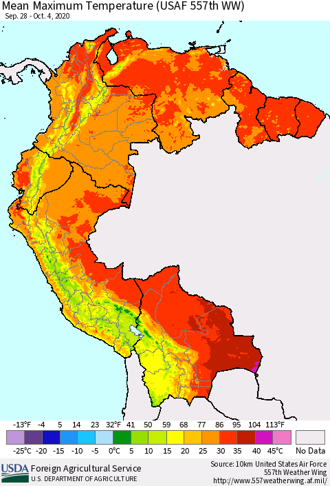 Northern South America Maximum Temperature (USAF 557th WW) Thematic Map For 9/28/2020 - 10/4/2020