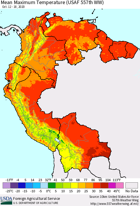 Northern South America Maximum Temperature (USAF 557th WW) Thematic Map For 10/12/2020 - 10/18/2020