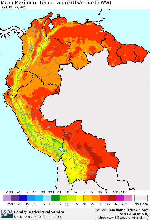 Northern South America Maximum Temperature (USAF 557th WW) Thematic Map For 10/19/2020 - 10/25/2020