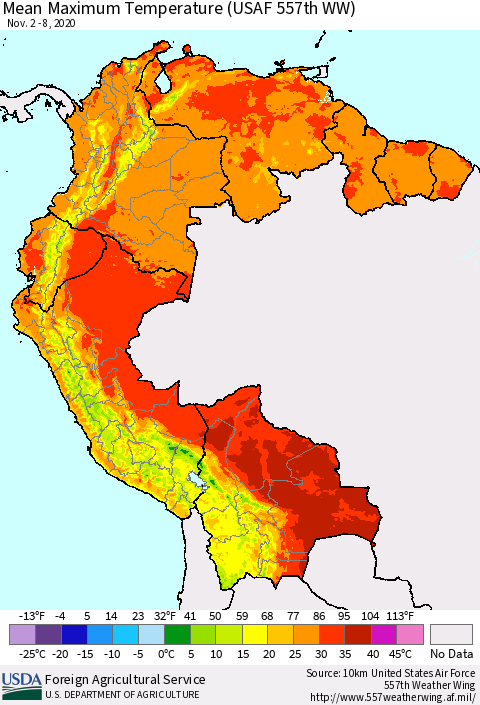 Northern South America Mean Maximum Temperature (USAF 557th WW) Thematic Map For 11/2/2020 - 11/8/2020