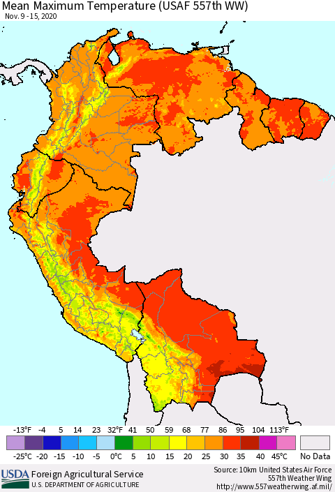 Northern South America Mean Maximum Temperature (USAF 557th WW) Thematic Map For 11/9/2020 - 11/15/2020