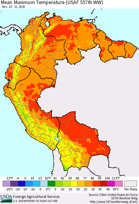 Northern South America Mean Maximum Temperature (USAF 557th WW) Thematic Map For 11/16/2020 - 11/22/2020