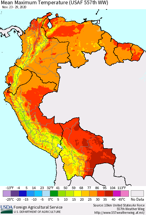 Northern South America Mean Maximum Temperature (USAF 557th WW) Thematic Map For 11/23/2020 - 11/29/2020