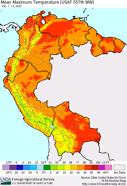 Northern South America Mean Maximum Temperature (USAF 557th WW) Thematic Map For 12/7/2020 - 12/13/2020