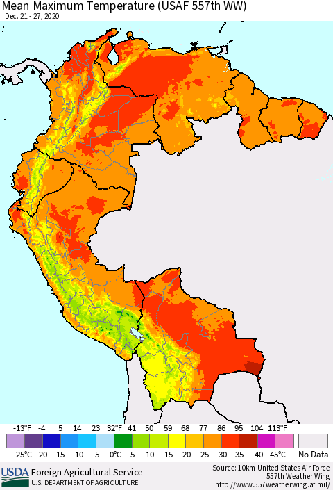 Northern South America Mean Maximum Temperature (USAF 557th WW) Thematic Map For 12/21/2020 - 12/27/2020