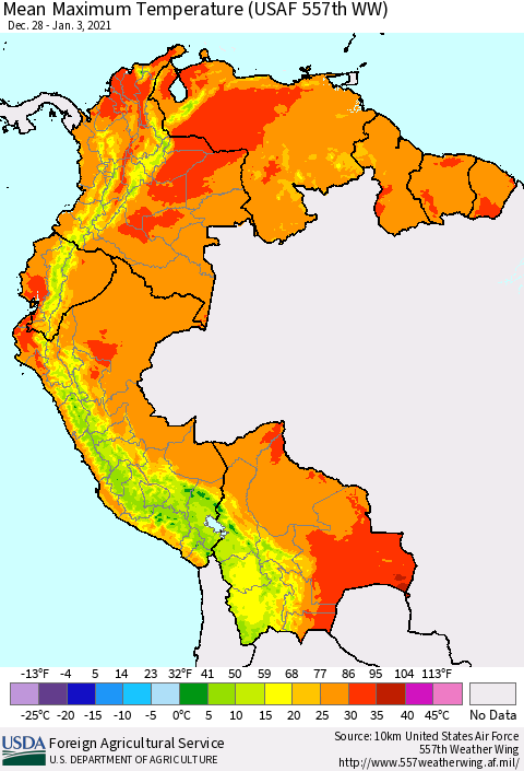 Northern South America Mean Maximum Temperature (USAF 557th WW) Thematic Map For 12/28/2020 - 1/3/2021