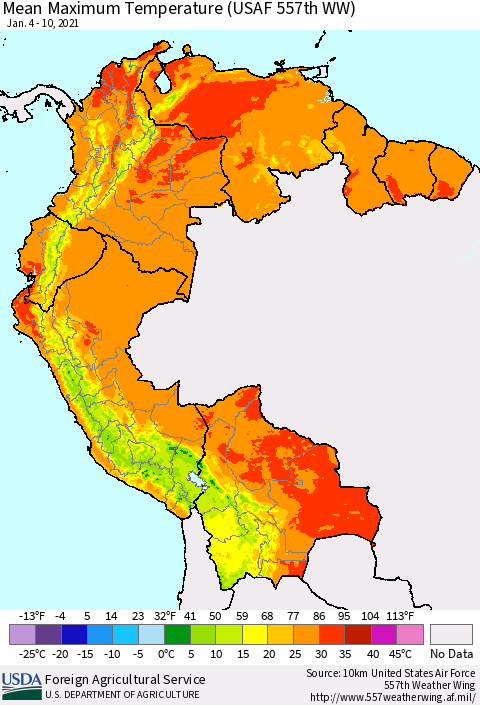 Northern South America Mean Maximum Temperature (USAF 557th WW) Thematic Map For 1/4/2021 - 1/10/2021